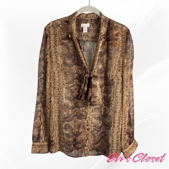 Chico's Women's Snake Skin Print Sheer Brown Blouse Sz 1/ M 8 Attached Neck Tie - Picture 1 of 6